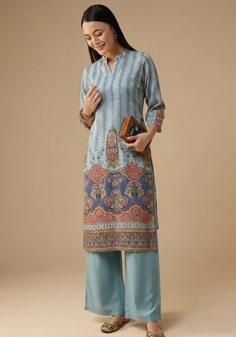 Powder Blue Printed Crepe Straight Kurta Set