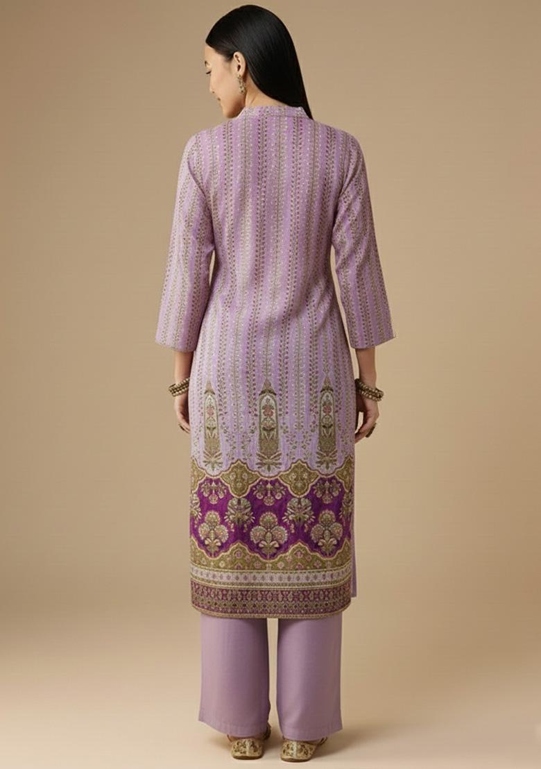 Lavender Embroidered Crepe Kurta Set - Indya
