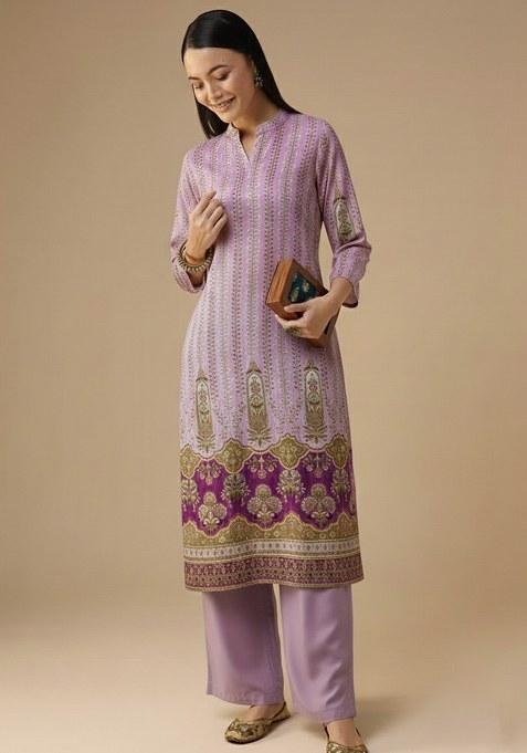 Lavender Printed Crepe Straight Kurta Set