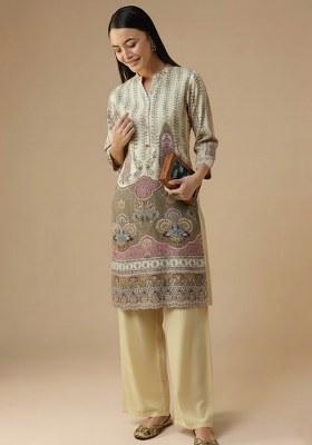 Cream Embroidered Crepe Kurta Set