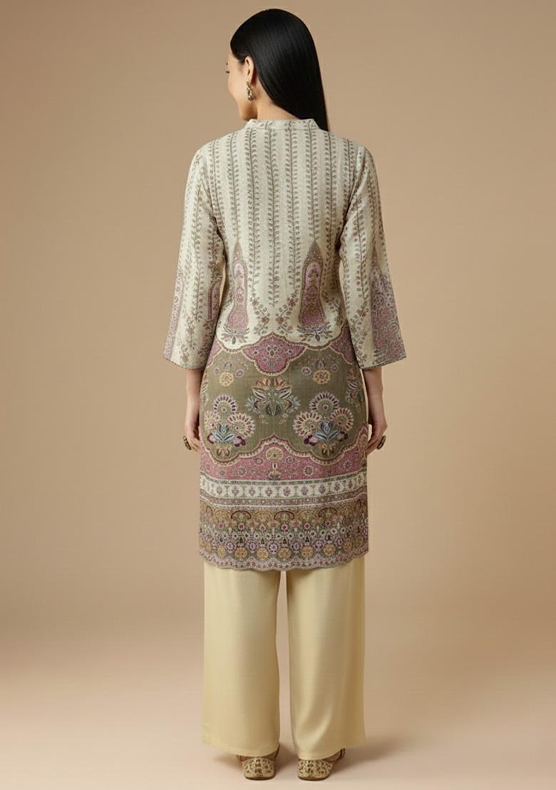 Cream Embroidered Crepe Kurta Set - Indya