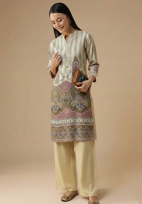 Cream Printed Crepe Straight Kurta Set