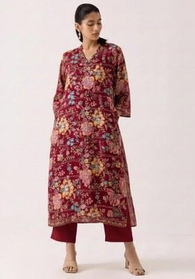 Rani Pink Floral Print Crepe Kurta Set