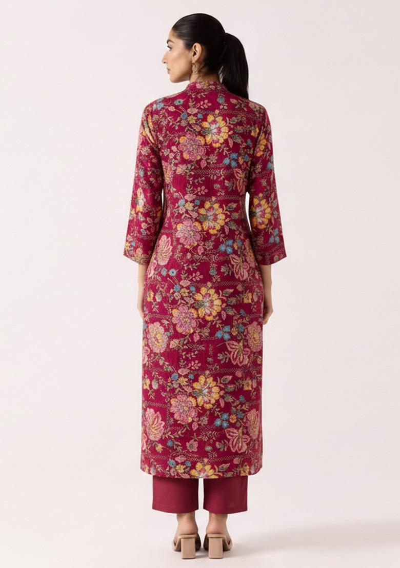 Rani Pink Floral Print Crepe Kurta Set - Indya