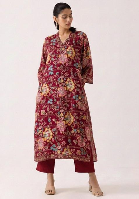 Rani Pink Floral Print Crepe Straight Kurta Set