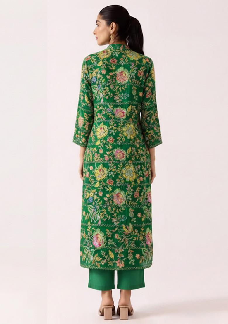 Green Floral Print Crepe Kurta Set - Indya