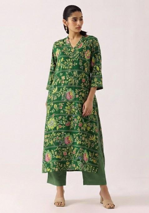 Green Floral Print Crepe Straight Kurta Set