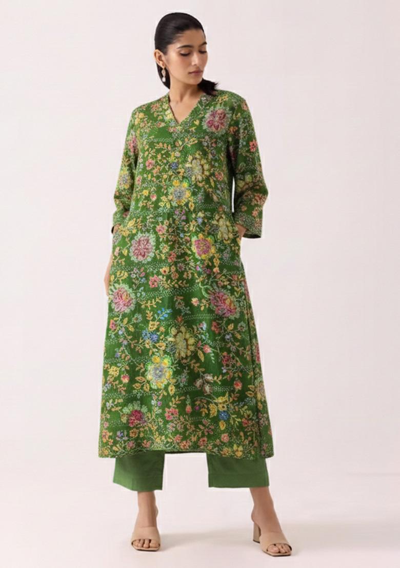 Green Floral Print Crepe Kurta Set - Indya