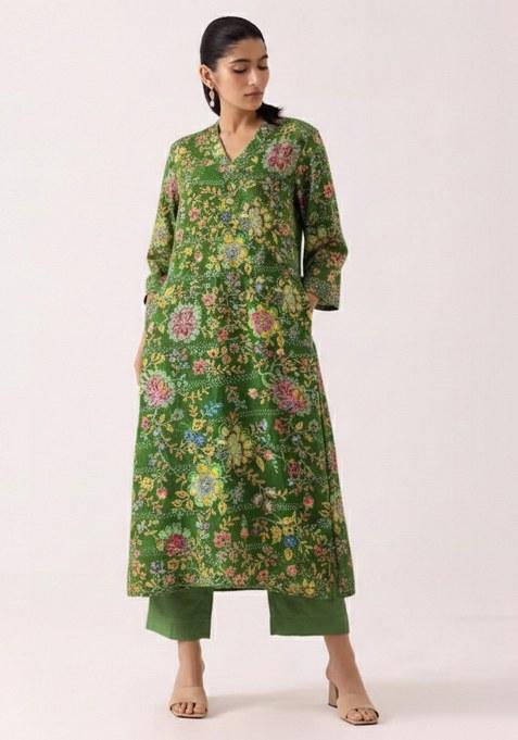 Green Floral Print Crepe Straight Kurta Set