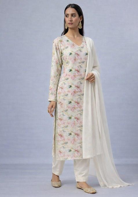 Off White Floral Print Jacquard Straight Kurta Set