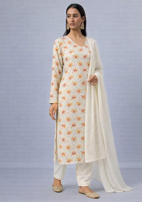Ivory Floral Print Georgette Straight Kurta Set