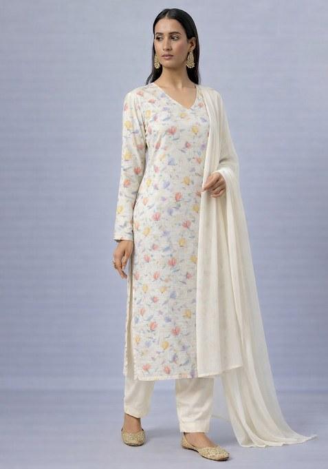 Soft Cream Floral Print Jacquard Straight Kurta Set