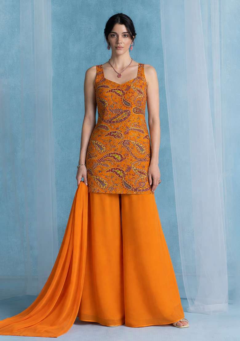 Orange Printed Crepe Sharara Set - Indya
