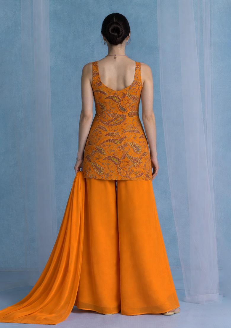 Orange Printed Crepe Sharara Set - Indya