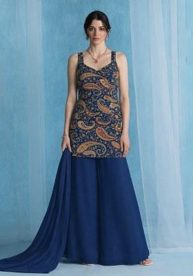 Navy Blue Printed Crepe Sharara Set