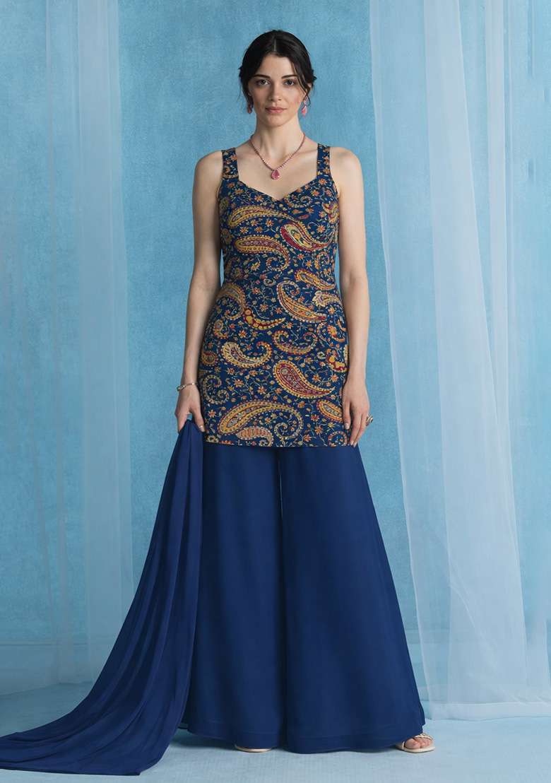 Navy Blue Printed Crepe Sharara Set - Indya