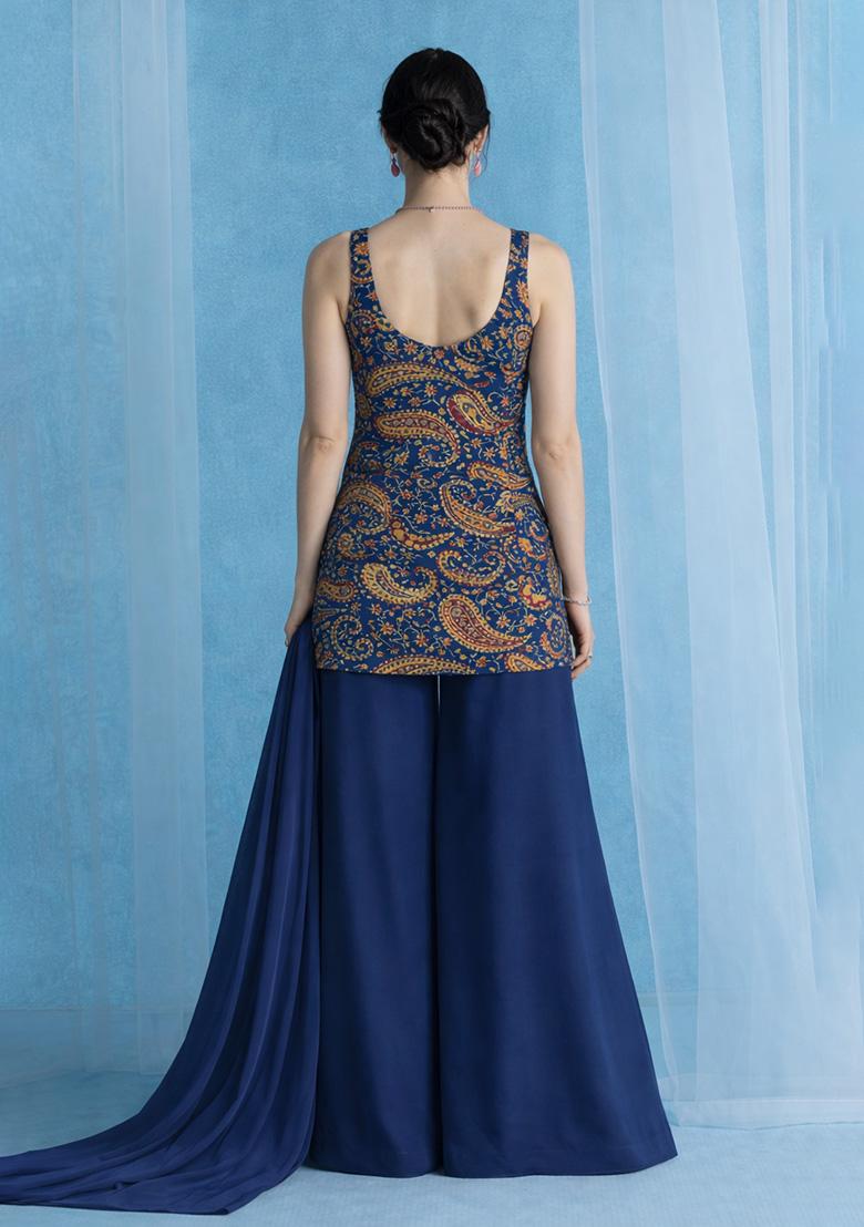 Navy Blue Printed Crepe Sharara Set - Indya