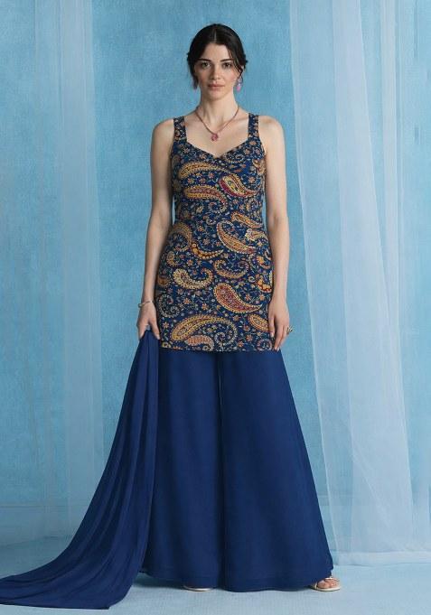 Navy Blue Printed Crepe Sharara Set