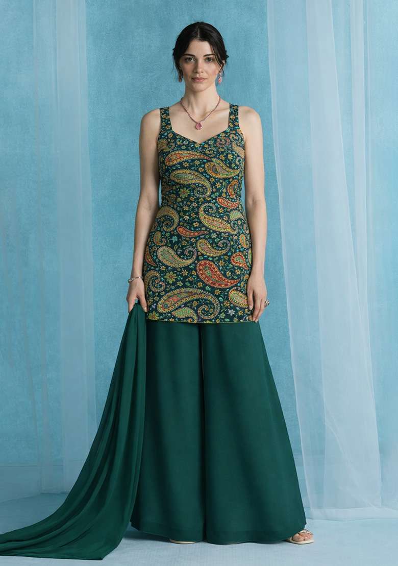 Bottle Green Printed Crepe Sharara Set - Indya