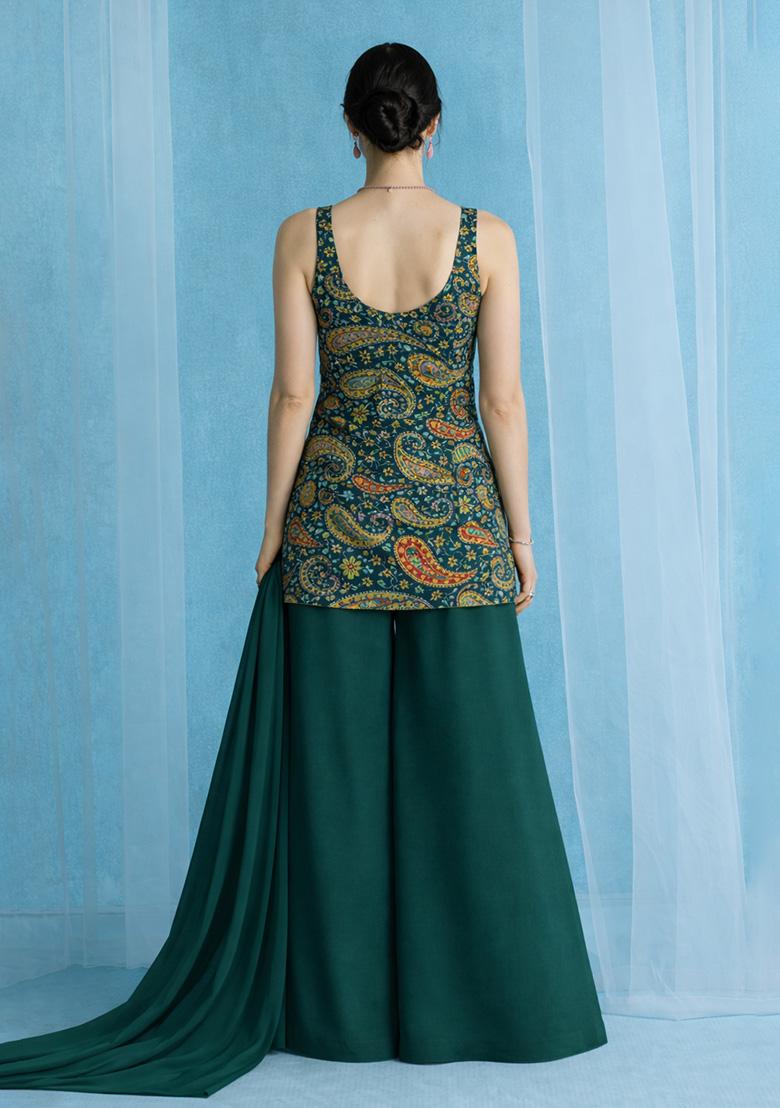 Bottle Green Printed Crepe Sharara Set - Indya