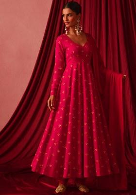 Red Embroidered Organza Anarkali With Dupatta