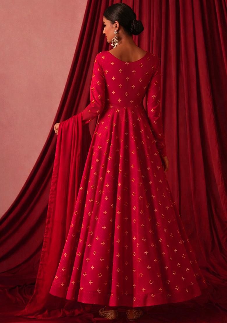 Red Embroidered Organza Anarkali With Dupatta - Indya