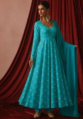 Teal Blue Embroidered Organza Anarkali With Dupatta