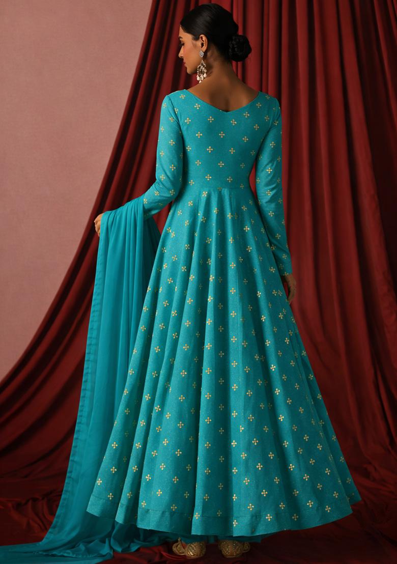 Teal Blue Embroidered Organza Anarkali With Dupatta - Indya