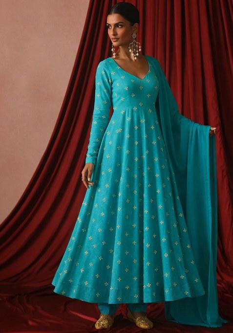 Teal Blue Embroidered Organza Anarkali With Dupatta