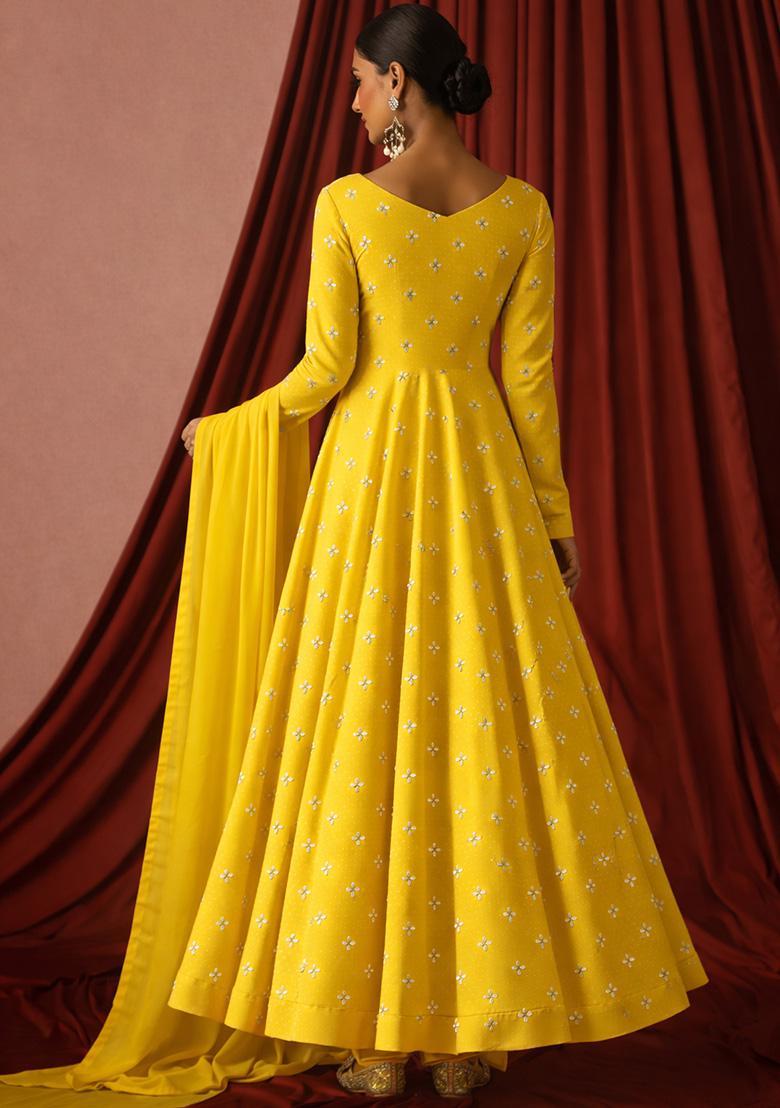 Yellow Embroidered Organza Anarkali With Dupatta - Indya