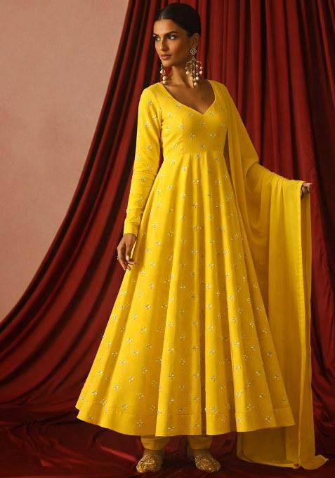 Yellow Embroidered Organza Anarkali With Dupatta