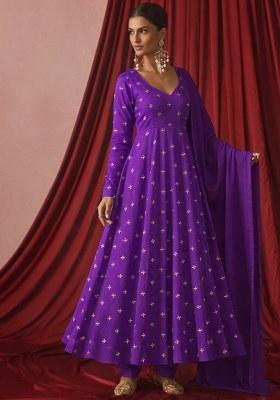 Purple Embroidered Organza Anarkali With Dupatta