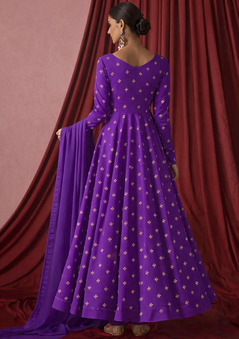 Purple Embroidered Organza Anarkali With Dupatta - Indya