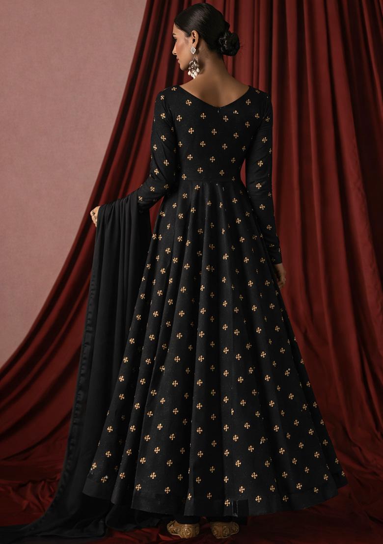 Black Embroidered Organza Anarkali With Dupatta - Indya