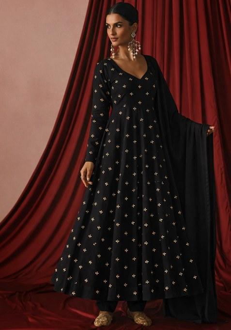 Black Embroidered Organza Anarkali With Dupatta