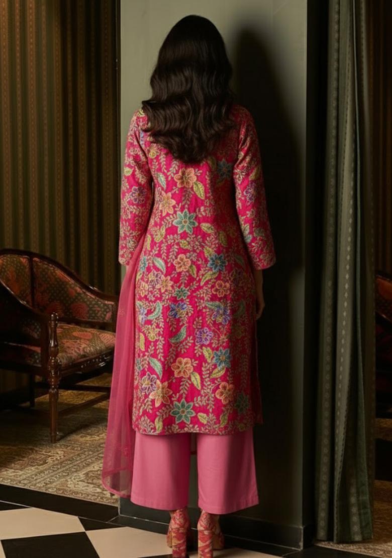 Pink Floral Print Crepe Kurta Set - Indya