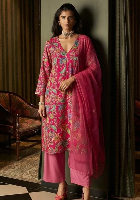 Pink Embroidered Crepe Straight Kurta Set