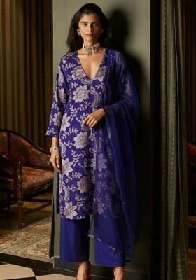 Royal Blue Floral Print Crepe Kurta Set