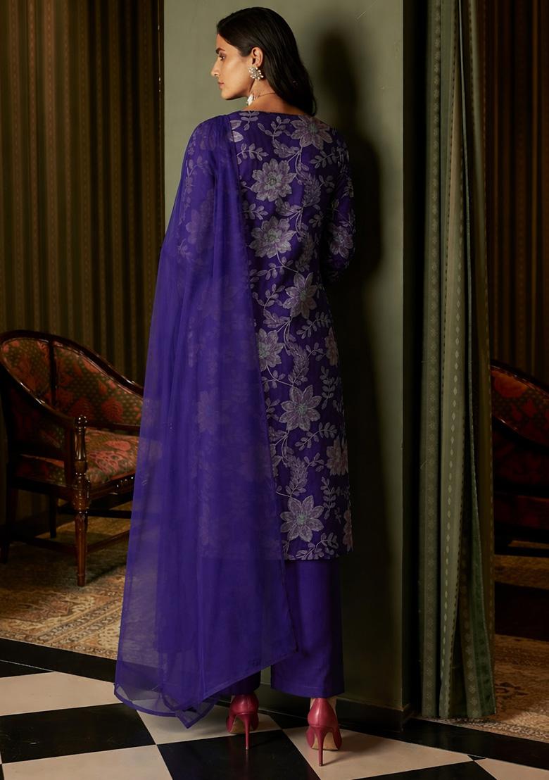 Royal Blue Floral Print Crepe Kurta Set - Indya