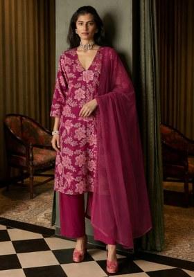 Pink Floral Print Crepe Kurta Set