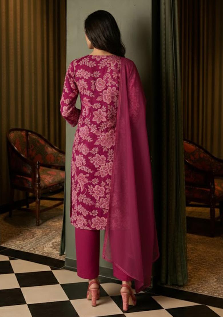 Pink Floral Print Crepe Kurta Set - Indya