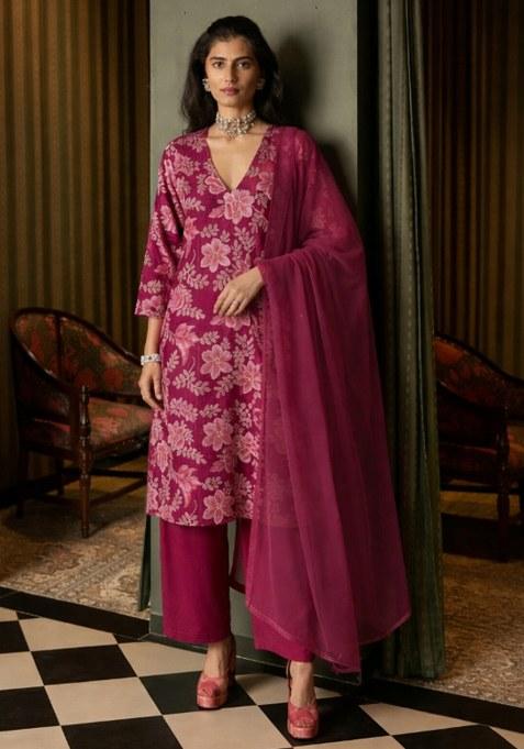 Pink Floral Print Crepe Straight Kurta Set