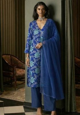 Royal Blue Floral Print Crepe Kurta Set