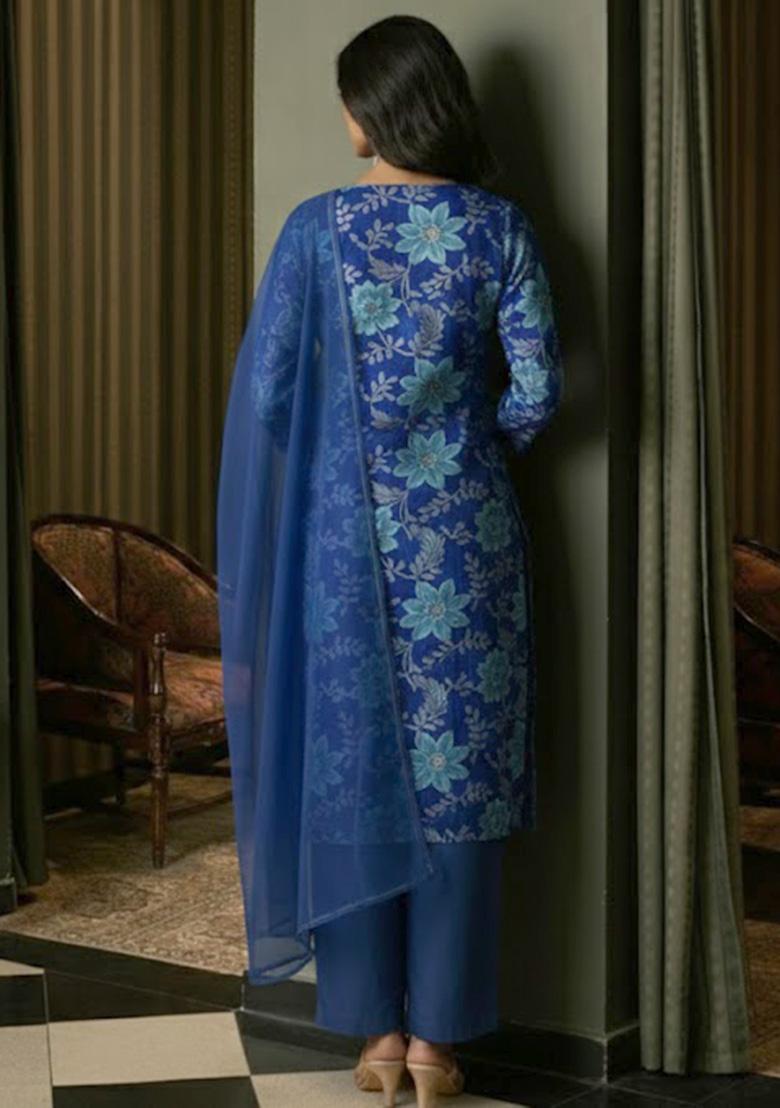Royal Blue Floral Print Crepe Kurta Set - Indya