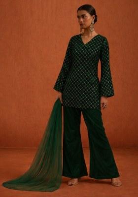 Bottle Green Embroidered Velvet Kurta Set