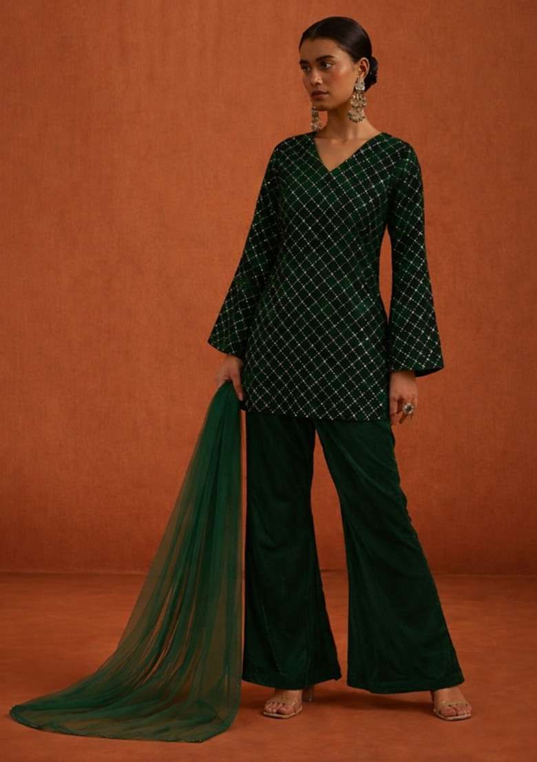 Bottle Green Sequin Work Velvet Sharara Set - Indya