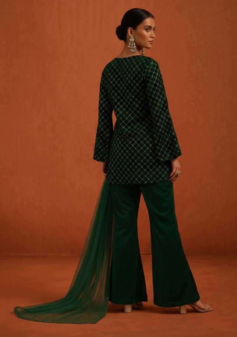 Bottle Green Embroidered Velvet Kurta Set - Indya