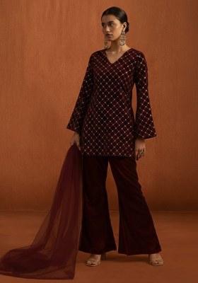 Wine Embroidered Velvet Kurta Set