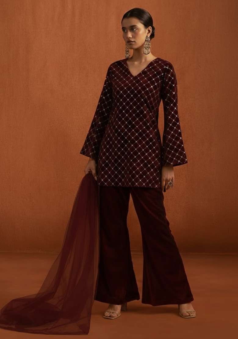 Wine Sequin Work Velvet Sharara Set - Indya