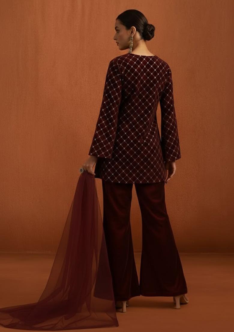 Wine Embroidered Velvet Kurta Set - Indya